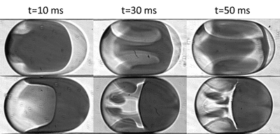 Mixing patterns following the coalescence of dyed surfactant-free drop of water and surfactant-laden drop. Top row – surfactant-laden drop goes first, bottom row – surfactant-free drop goes first. The height of each picture is equal to the channel width, 360 μm.  